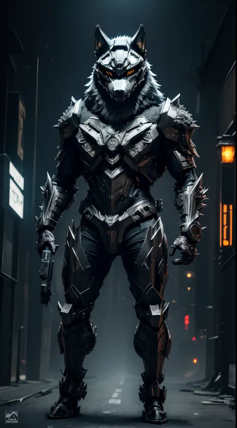 maximum quality, Dramatic lighting, menacing pose, fierce expression, epic atmosphere, (((wolf head shaped helmet))), (((full body shot))),a wolf made out of metal, cyborg, cyberpunk style, clockwork, ((intricate details)), hdr, ((intricate details, hyperd...