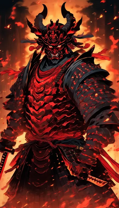 demon with red glowing eyes wearing an ancient japanese shogun armor ...