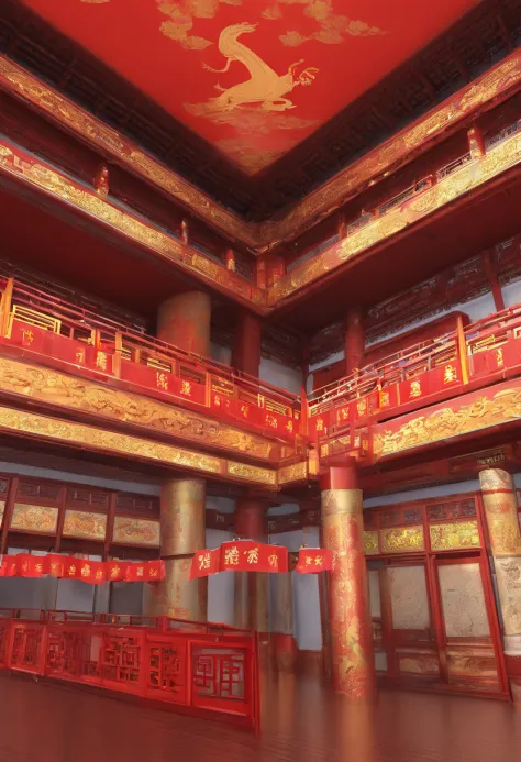 Large building interiors, Chinese architecture in mechanical style, The flag flies, Plaza, vibrant with colors, Sunny weather, ultra-wide-angle, 8K quality, CG high-quality charts，C4D rendering effects,Be creative, Inspired by the age of machinery, Referen...