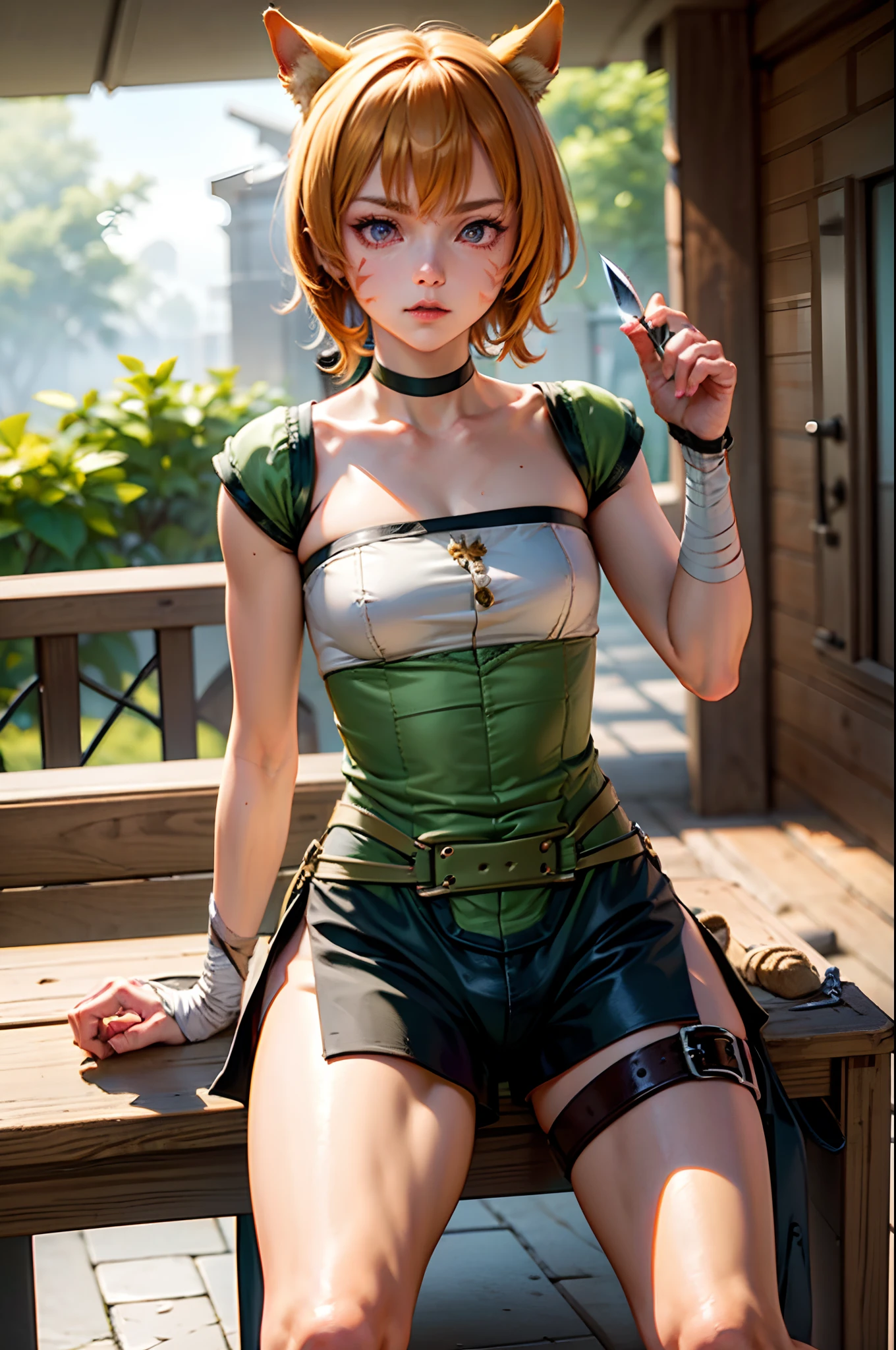 lethe fe, choker, belt, cat tail, bell, thigh strap, facial mark, bandages, side slit, pouch, brown belt, whisker markings, green shorts, wrist wrap, side slit shorts, sitting, holding a dagger, holding a knife, knife