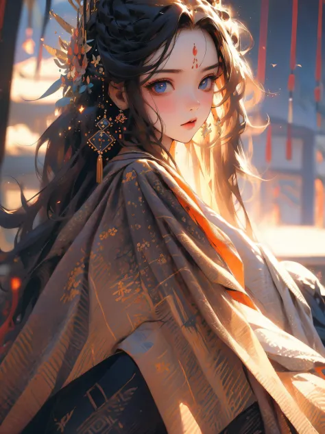 (masterpiece), best quality, beautiful detailed hair ，detailed face, 1 girl, solo, dutch shot, perfect feminine face, very stunning woman, traditional hanfu, chesnut brown hair, middle hair, blue eyes,simple eyelashes,blushing,beautiful hairpin