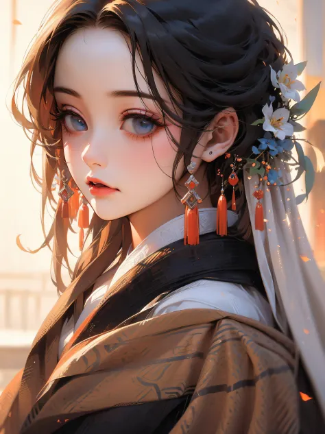 (masterpiece), best quality, beautiful detailed hair ，detailed face, 1 girl, solo, dutch shot, perfect feminine face, very stunning woman, traditional hanfu, chesnut brown hair, short hair, blue eyes,simple eyelashes,blushing,long tobacco pipe