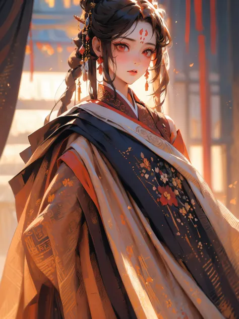(masterpiece), best quality, beautiful detailed hair ，detailed face, 1 girl, solo, cowboy shot, perfect feminine face, very stunning woman, traditional hanfu, chesnut brown hair, short hair,twintails,red eyes,simple eyelashes,blushing,mole under mouth,off ...