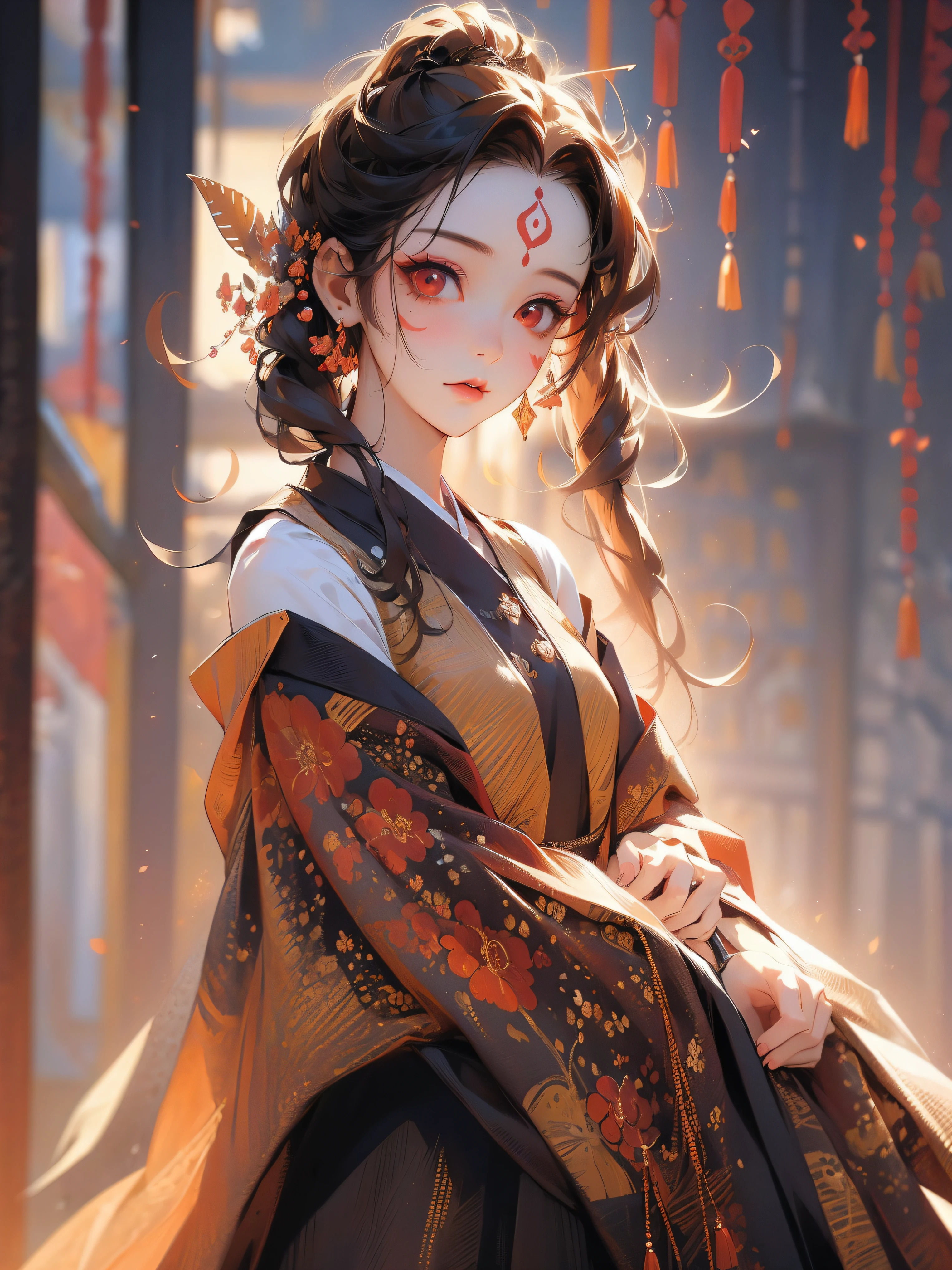 (masterpiece), best quality,rich background, beautiful detailed hair ，detailed face, 1 girl, solo,upper shot, perfect feminine face, very stunning woman, traditional hanfu,obi, chesnut brown hair, short hair,twintails,red eyes,simple eyelashes,blushing,mole under mouth,off shoulders，off shoulders，facepaint，