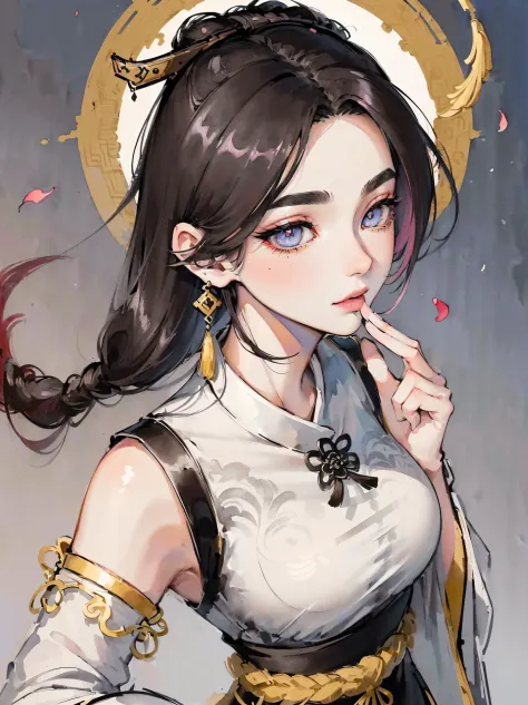 (((top knot,undercut,)))(((((((Chinese ink painting，watercolor paiting，ancient chinese costume,Has the temperament of a queen，slit pupils,blush stickers,v shaped eyebrows,gradient hair,Mix white pick dye，fur cuffs,fingers from mouth,)))))))，((1lady,amazing...