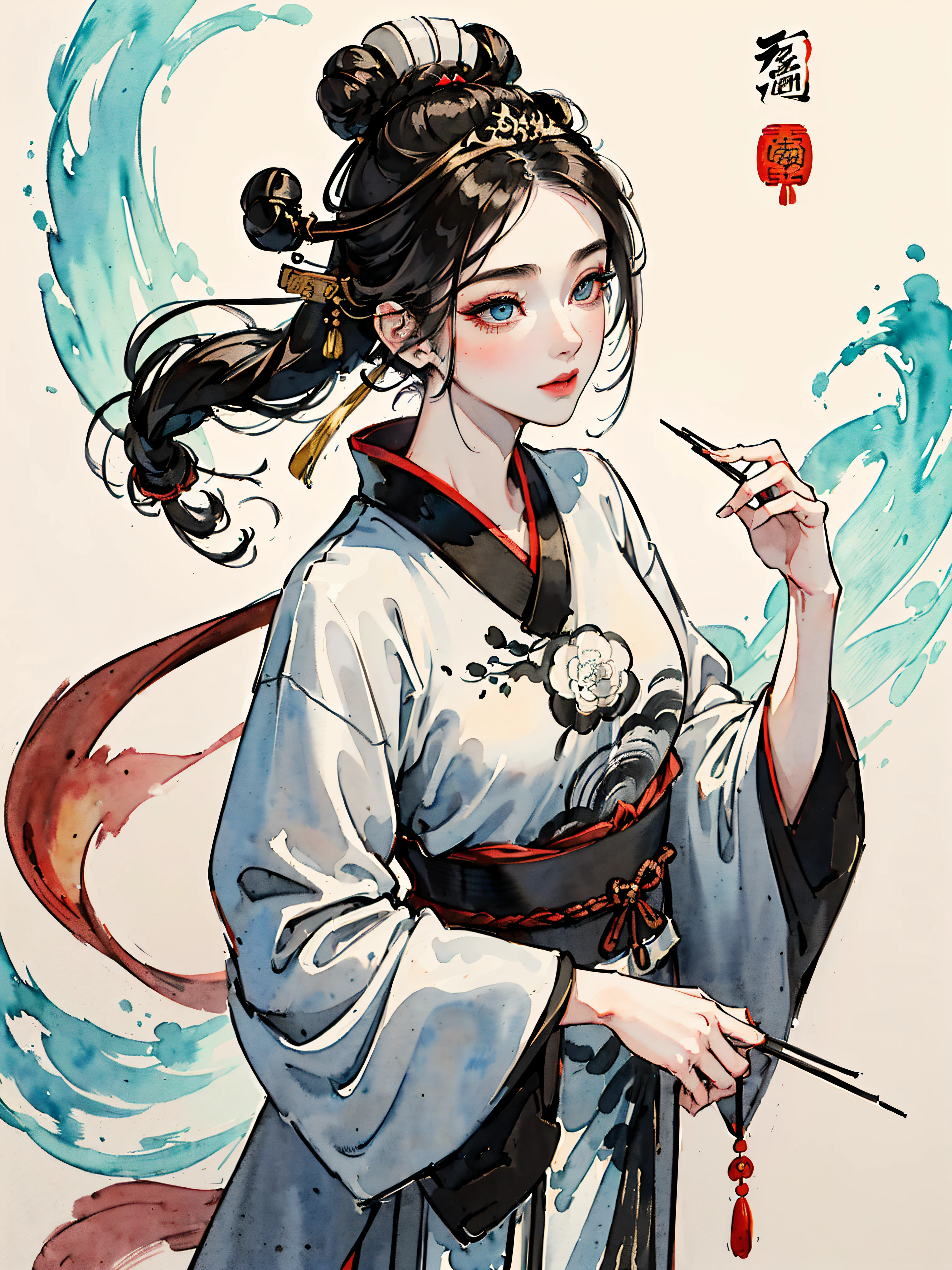 (((samurai hairstyle,)))(((((((Chinese ink painting，watercolor paiting，ancient chinese costume,Has the temperament of a queen))))))),(((watery pupils,blush stickers,v shaped eyebrows,cyan Mix white pick dye，fur cuffs,fingers from mouth,)))((1lady,amazing,mature Saudi Arabia lady，lean face，独奏,))(Masterpiece,Best quality, offcial art, Beautiful and aesthetic:1.2),((Ultra-high resolution,Golden ratio,)) (hrs,HD,16K),((from above，milf，busty,detailed oil painting,futurism)),{{watercolor}},(Physically-based rendering),Amazing,Sharp focus, (((highdetailskin,))),Intricately detailed clothing,Lying silkworm eyebrows，long eyebrows,Delicate pupils,snake pupils,Danfeng Eye,((((detailed hair,middle hair|top knot|Voluminous updo|Undercut)))),slender,(masterpiece sidelighting),(The sheen),(beautiful hair,beautiful eyes,）[[5fingers,Delicate fingers and hands:0.55]::0.85],(Detail fingers),(((Superior quality,)))),((unbelievable Ridiculous,)),((extremely_Detailed_eyes_and_face)),Movie girl,(Dynamic configuration: 1.2),Brilliant,Glossy, (Photorealistic), The light from the back window is backlighted,mitts, ((beautiful hairpin)),golden wristband, Light particles petals, Side Rock,Graceful maxi dress, two-sided fabric,