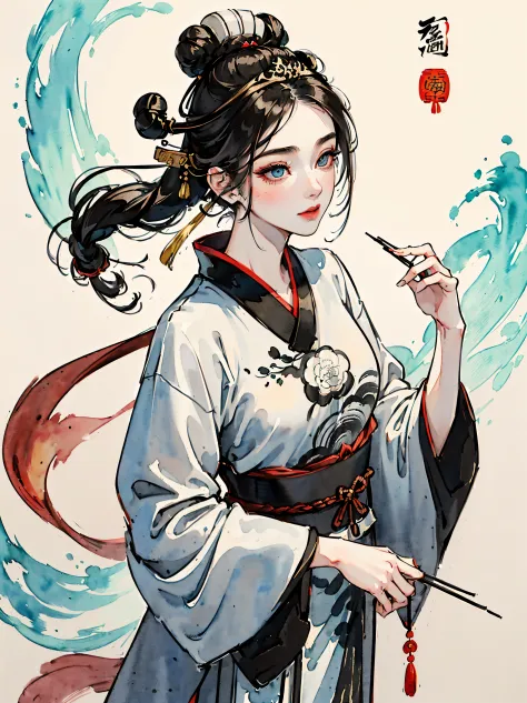 (((samurai hairstyle,)))(((((((Chinese ink painting，watercolor paiting，ancient chinese costume,Has the temperament of a queen)))...