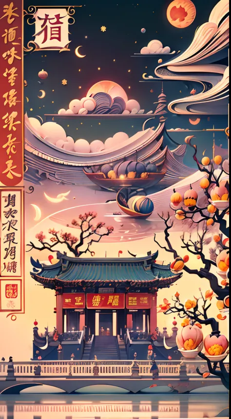 Mid-Autumn Festival Cell Phone Poster，Titres：Welcome to the National Day，He Zhongqiu，The font design should be artistic and modern，Add representative artistic elements，Comme la lune，Tiananmen，tons rouges