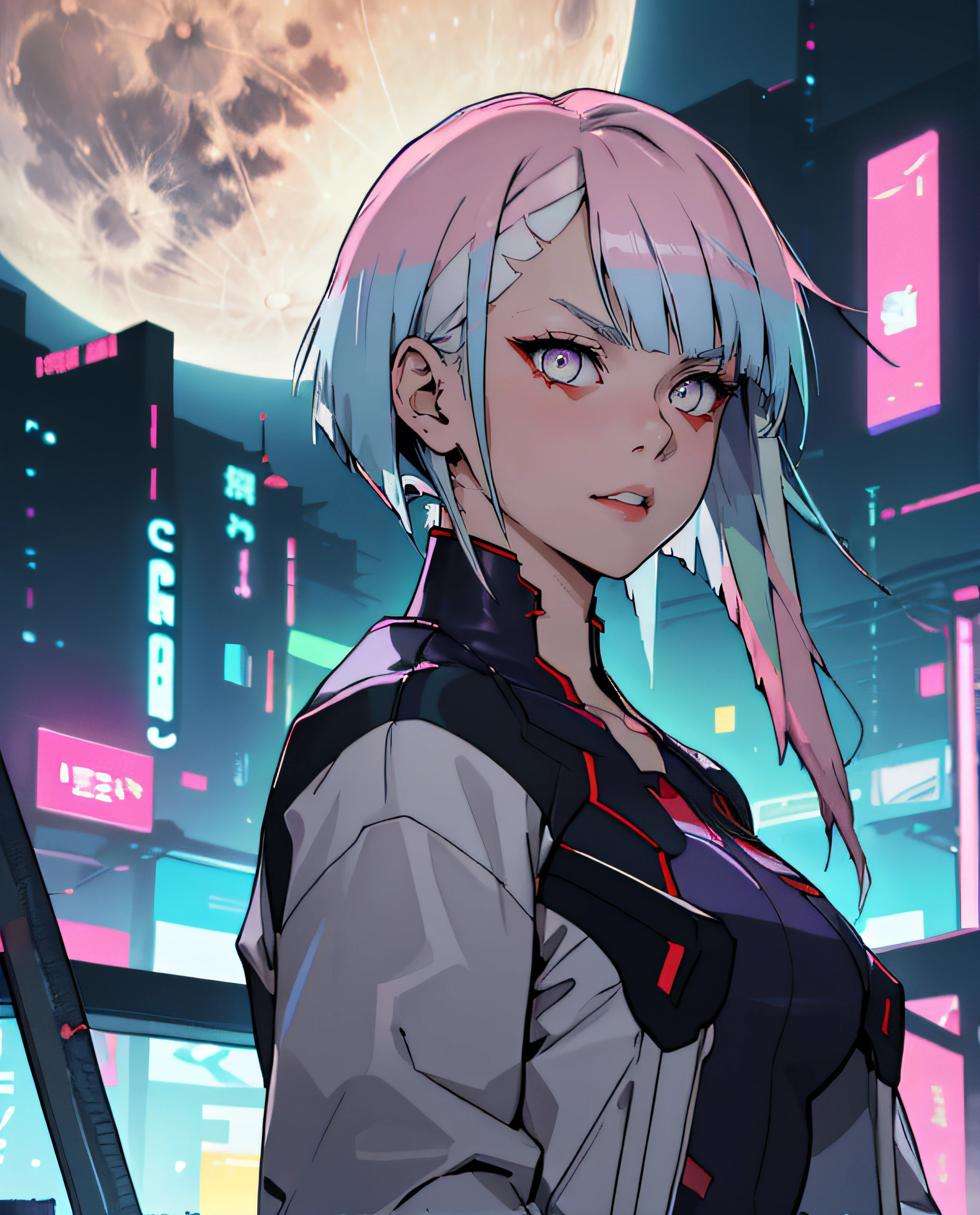 lucy \(cyberpunk\), 1girl, hair scrunchie, hime cut, silver hair, colored tips, full moon, grey eyes, jacket, long sleeves, looking at viewer, medium hair, multicolored hair, parted bangs, parted lips, pink hair, portrait, red eyeliner, red lips, solo, white jacket, cyberpunk \(series\), rainy night in a cyberpunk city with glowing neon lights