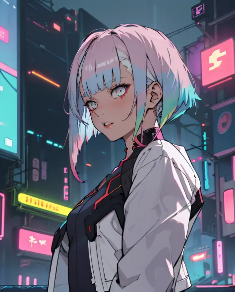 lucy \(cyberpunk\), 1girl, hair scrunchie, hime cut, silver hair, colored tips, full moon, grey eyes, jacket, long sleeves, look...