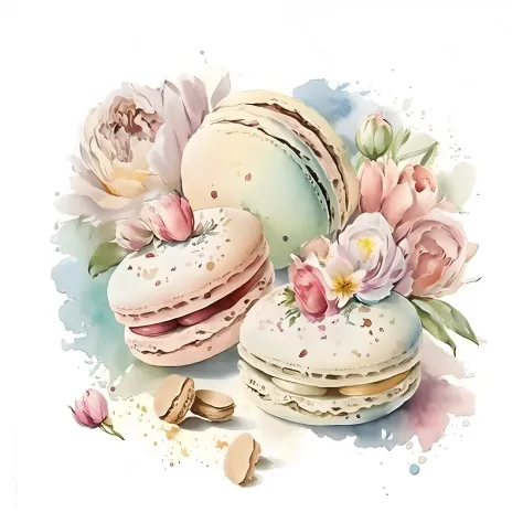 There are three Macaroons with flowers on a white background, Macaroon, pastel-hued, apenas cores pastel, pastel de doces, 😃😀😄☺🙃...