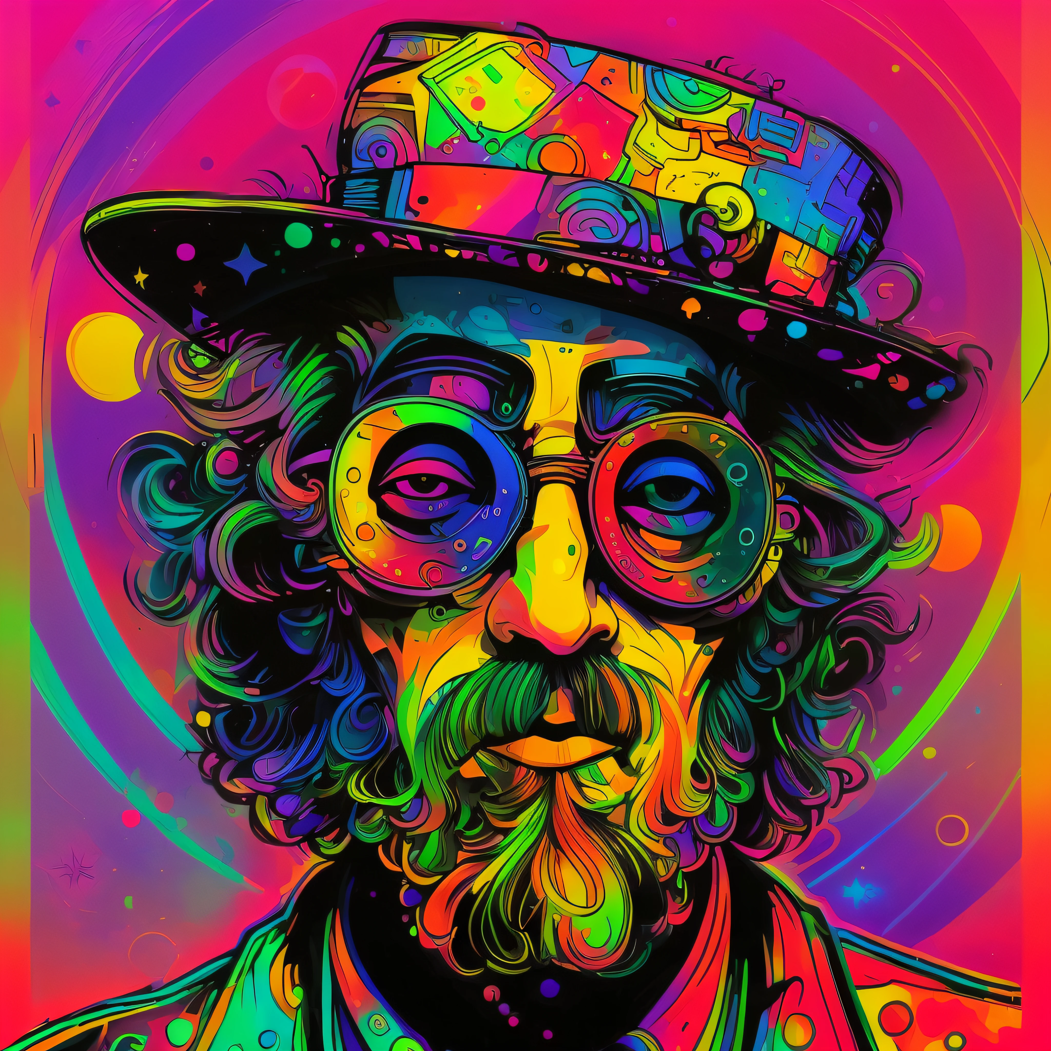 A closeup of a man with a hat and glasses, psychedelic illustration, psychedelic art style, psychedelic style, psychedelic artwork, retro psychedelic illustration, psychedelic hip-hop, psychedelic artwork, in illustration style digital, psychedelic hip hop, extremely high quality artwork, estilo de arte impressionante, arte do Adobe Illustrator, visionary art style, psychedelic acid trip, estilo de arte vetorial, Terence McKenna