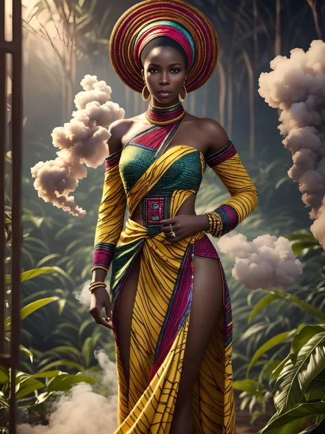 by royo, hyperdetailed, hyperrealistic, full body shot of an African woman, in an African  outfitwith vibrant colors, exaggerate...