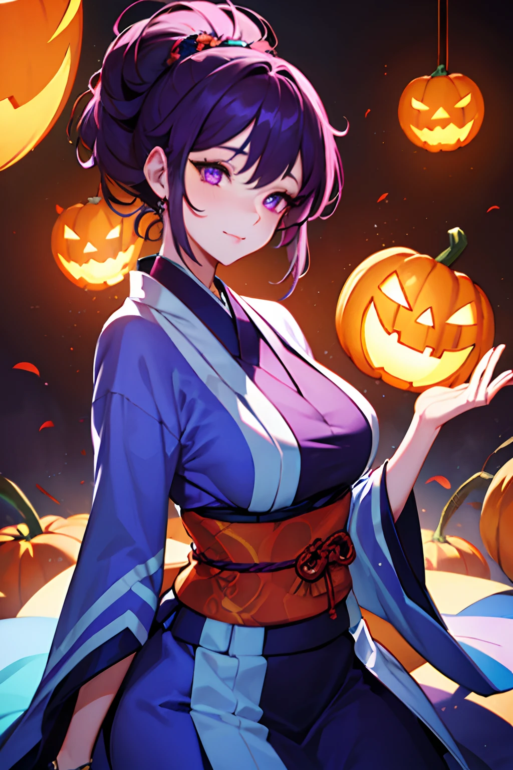 a close up of a mature woman in a costume with purple hair and purple glowing eyes, glowing green pumpkins, lois van baarle and rossdraws, artgerm and lois van baarle, artgerm and rossdraws, rossdraws cartoon vibrant, beautiful succubus, ross tran style, rossdraws 2. 5, inspired by Ross Tran, halloween art style, extremely detailed artgerm, ((mature woman)), japanese clothes, ninja clothes