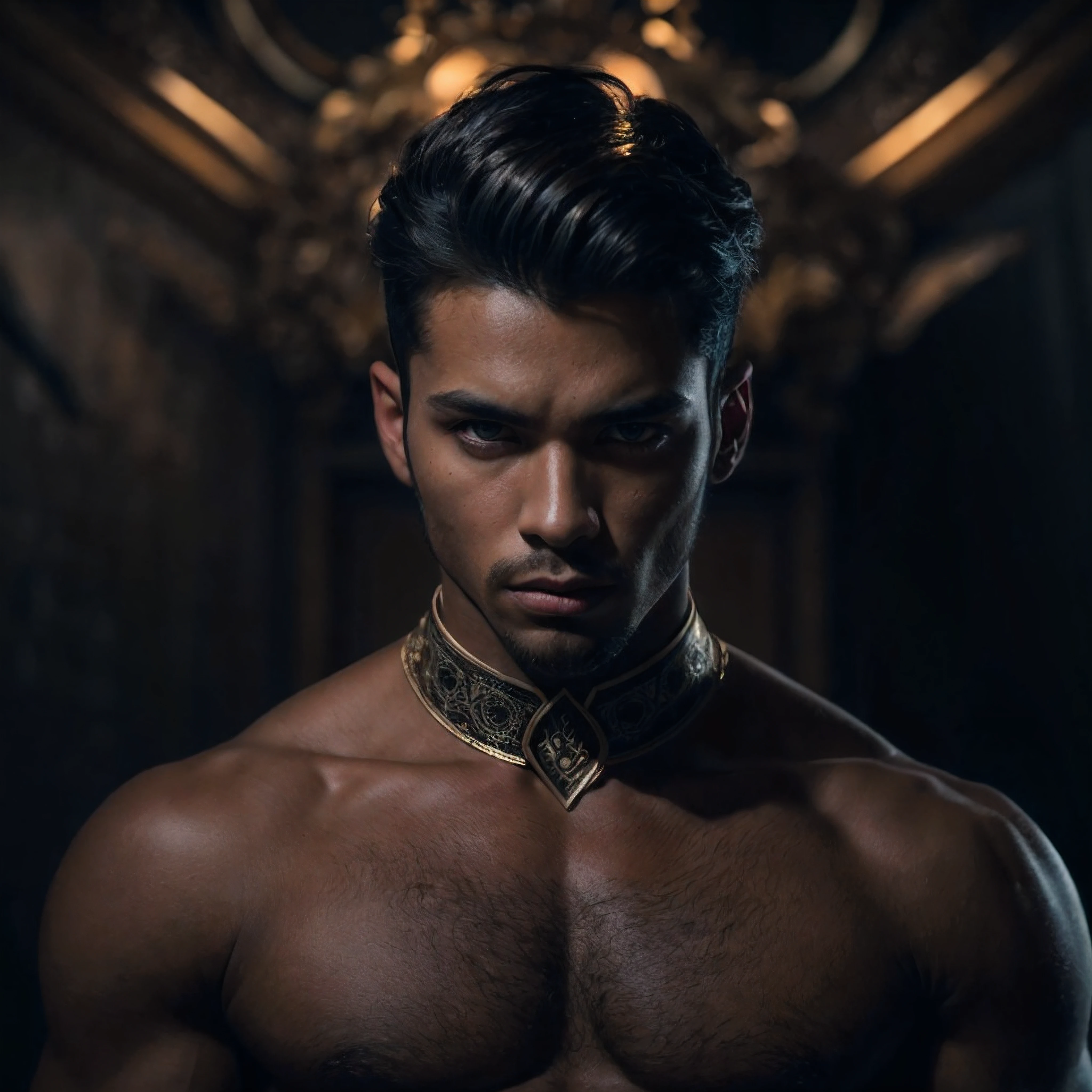 A professional portrait photograph of a confident male ifrit wearing elegant futuristic clothes, the photograph captured in stunning 8k resolution and raw format to preserve the highest quality of details, (his eyes are portrayed with meticulous attention to detail: 1.3), The photograph is taken with a lens that emphasizes the depth in his eyes, the backdrop is a dark room setting that enhances the contour light. The lighting and shadows are expertly crafted to bring out the richness of his skin tone and the intense atmosphere. His hair adds contrast against his skin, the overall composition captures the subject's essence with authenticity and grace, creating a portrait that celebrates heritage and beauty. Photography utilizing the best techniques for shadow and lighting, to create a mesmerizing portrayal that transcends the visual,