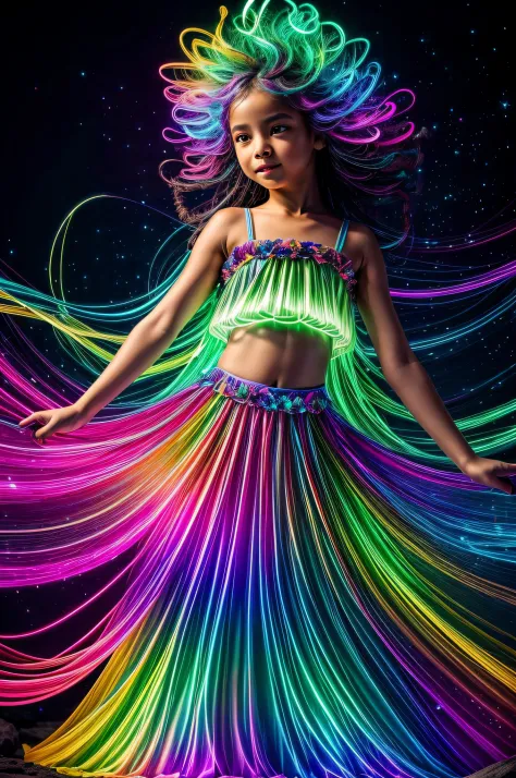 In a mesmerizing display of bioluminescent brilliance, A radiant little girl emerges glowing with vibrant hues that dance and sw...