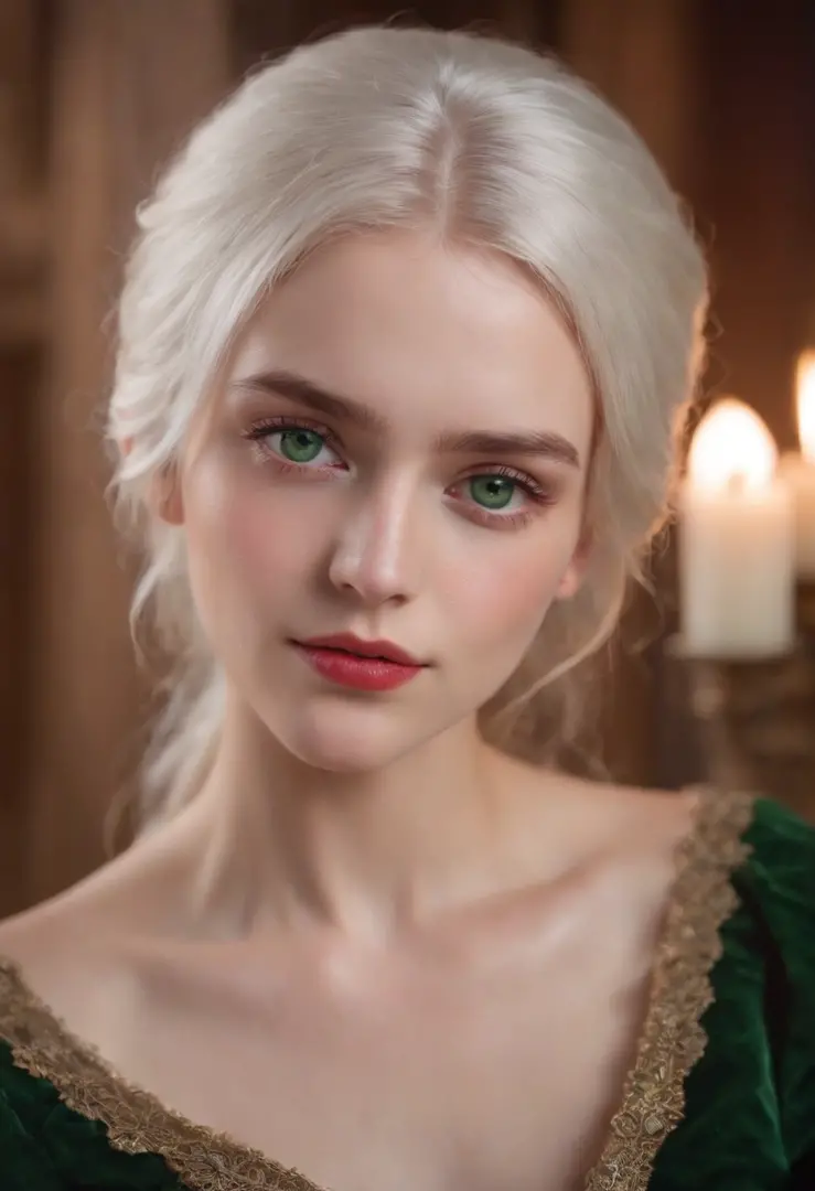 (((A deep reddish wound crosses her left cheek))) Fair complexion, Female about 19 years old, natural white hair, Distinctive green eyes, Wearing Kohl, slender and graceful, Beautiful, Candles in a medieval setting, ultra sharp focus, realistic shot, Medie...