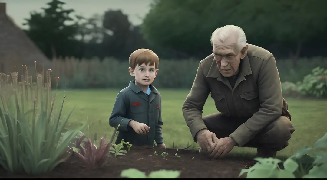 An image of young boy  and Grandpa in the garden, with Sam looking inquisitive and eager to learn.animation film