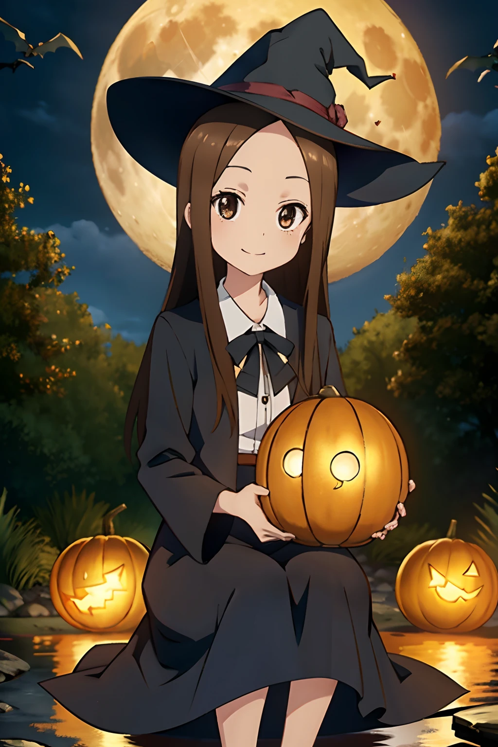 (realistisch),(fotorealistisch),Takagi_San, 1Mädchen in, lange Haare,((Hexenkleidung)), schwarzer spitzer Hut，braune Haare, Part bangs, braune Augen, schwarze Roben，lange Ärmel, lächeln, Betrachter betrachten,(（Sitzen Sie auf einem Besen in der Luft)）, Tischplatte,Ganzkörper,Hexenkostüm， beste Qualität, die extrem detaillierten CG Unity 8K-Hintergründe,lächeln,die Nacht，((Großer Vollmond im Hintergrund)),(Viele Kürbislaternen), Ein Schwarm kleiner Fledermäuse im Flug，Halloween，Fantasie, luftig， magische Funken,