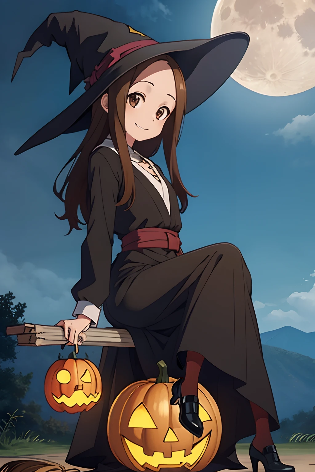 (realistisch),(fotorealistisch),Takagi_San, 1Mädchen in, lange Haare,((Hexenkleidung)), schwarzer spitzer Hut，braune Haare, Part bangs, braune Augen, schwarze Roben，lange Ärmel, lächeln, Betrachter betrachten,(（Sitzen Sie auf einem Besen in der Luft)）, Tischplatte,Ganzkörper,Hexenkostüm， beste Qualität, die extrem detaillierten CG Unity 8K-Hintergründe,lächeln,die Nacht，((Großer Vollmond im Hintergrund)),(Jack Lantern), Jack Lantern Beleuchtung，fliegende Fledermäuse，Halloween，Fantasie, luftig， magische Funken,