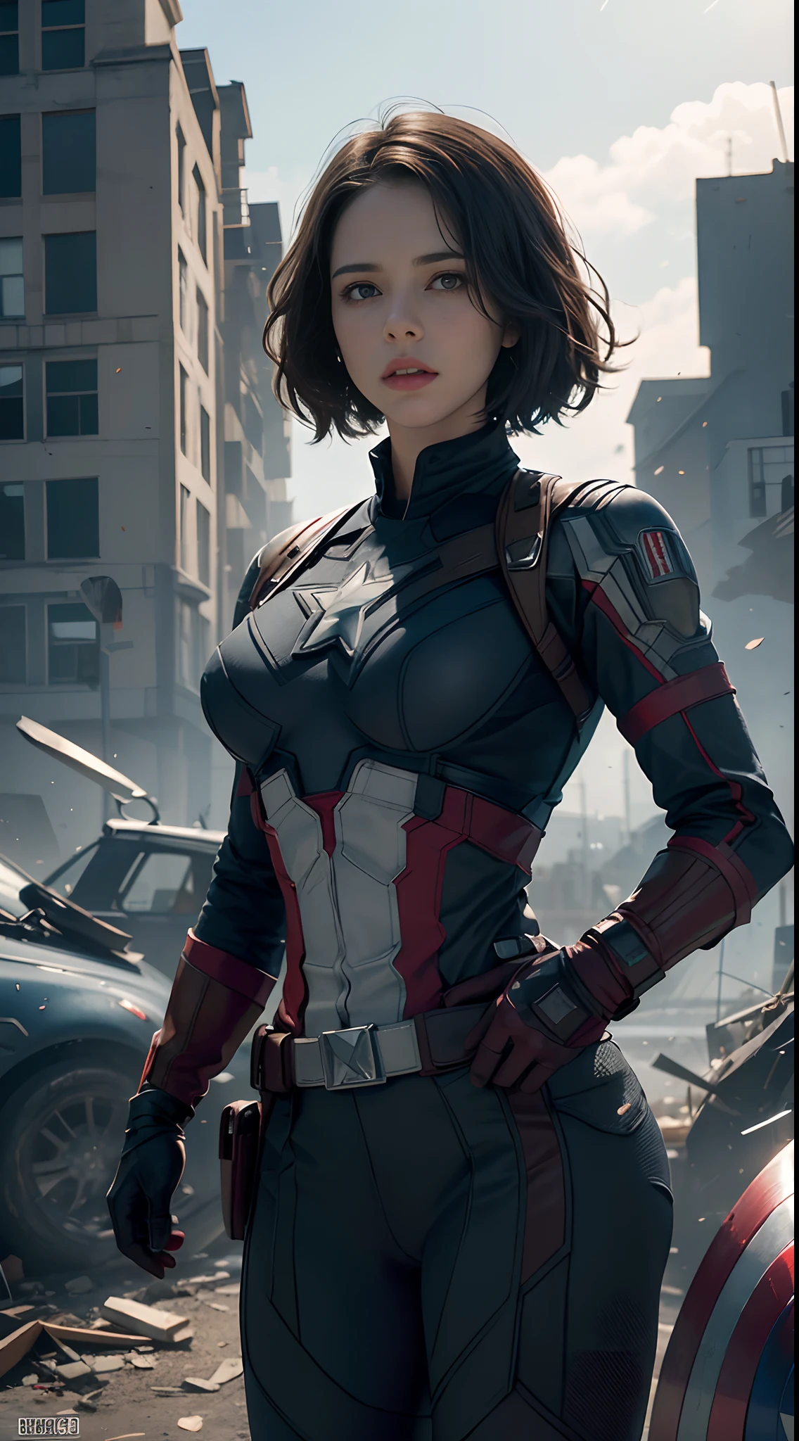 Haley atwell as Captain America (from MCU), ((wearing Captain America suit)), pose with Chris Evans, (random angles), (masterpiece, best quality, detailed cloth texture, beautiful detailed face, intricate details, ultra detailed),  curly black hair, short hair, crumbling debris,epic battle,shattered glass,flying debris,studio lighting,colorful comic book style,superhero action,shadow and light interplay,contrasting colors,emotive art style, (Best quality, A high resolution, Photorealistic, primitive, 8K, ),Best quality, Masterpiec8K.hdr. High ribs:1.2, filmgrain, Blur bokeh:1.2, Lens flare, (vivd colour:1.2), (Delicate),