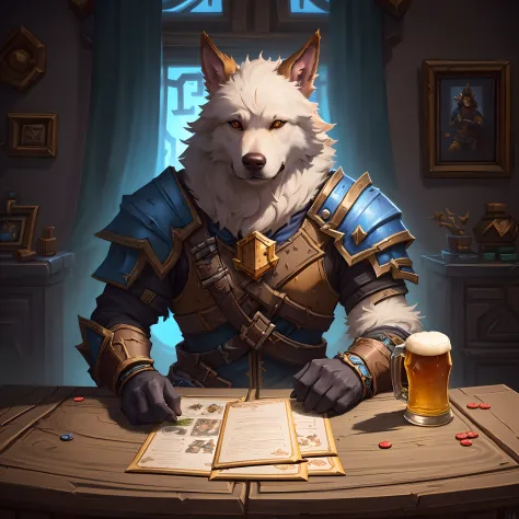 araffe sitting on a chair holding a beer glass and a dog, knight drinks beer, from hearthstone, lawther sit at table playing dnd...
