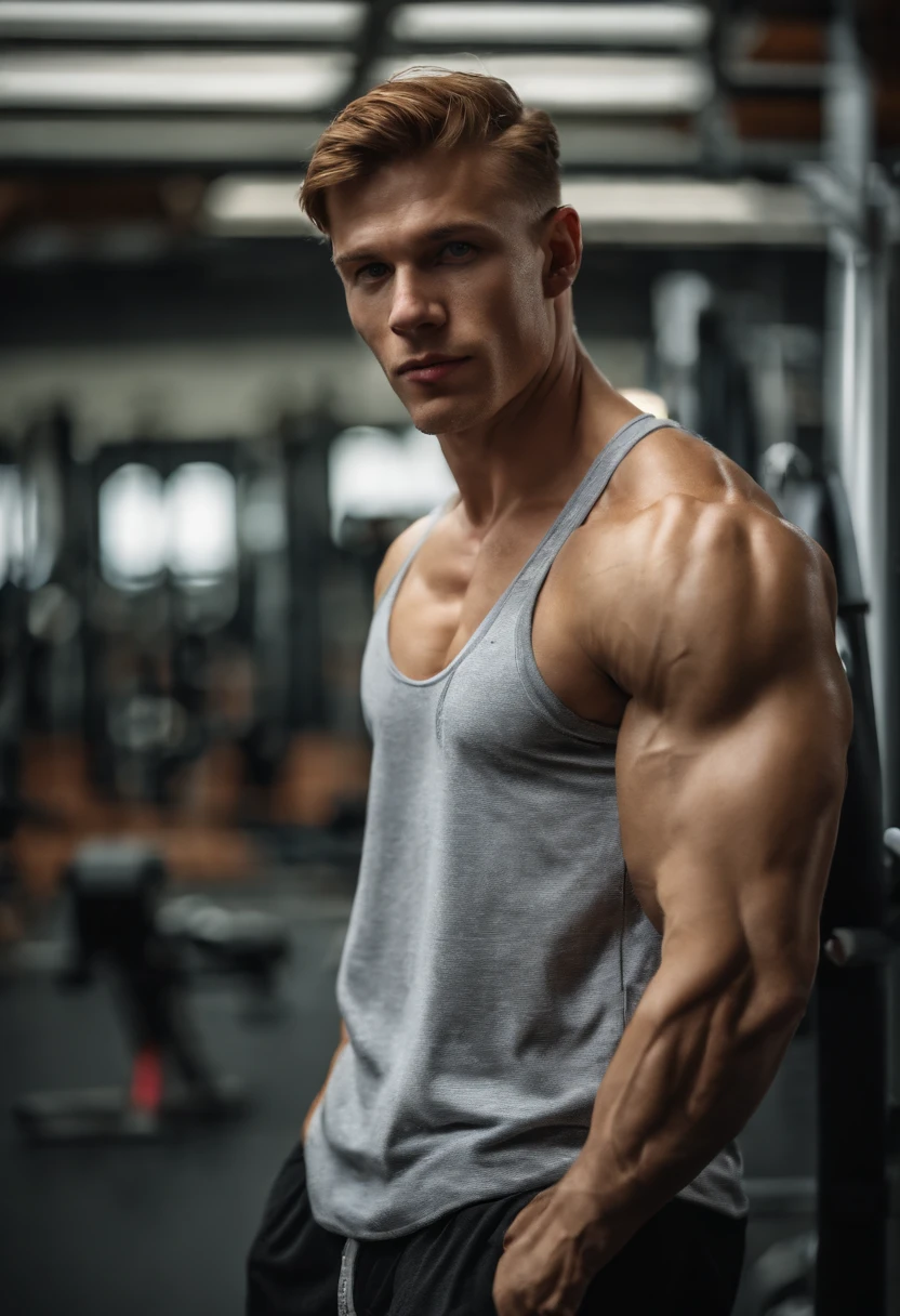 A man in a gray tank top is posing for a picture - SeaArt AI