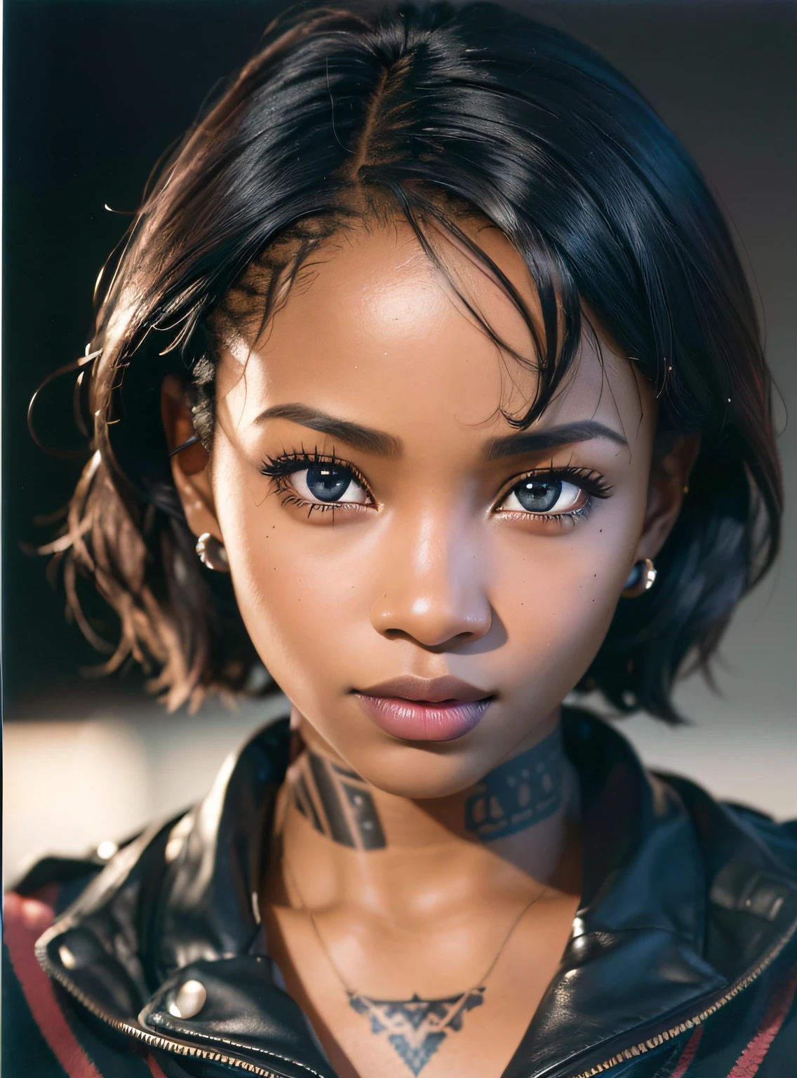 (close-up, editorial photograph of a Beautiful black girl, African girl, school girl outfit, dark skin, short haircut, full sleeve tattoos and piercings, cleavage, busty, petite , POV, by lee jeffries, nikon d850, film stock photograph ,4 kodak portra 400 ,camera f1.6 lens ,rich colors ,hyper realistic ,lifelike texture, dramatic lighting , cinestill 800,), (highly detailed face:1.4), perfect eyes, realistic iris, perfect teeth, (smile:0.7), (background inside dark, moody, private study:1.3)