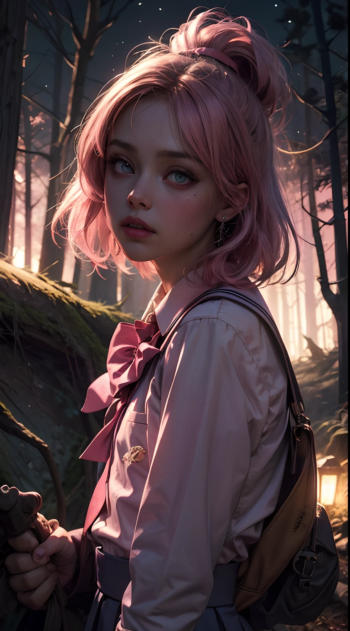 gruseliges Mädchen, (Rosa Schuluniform:1.4), gruseliger Wald, Verloren in dunklem Holz, (in der Nacht:1.2), monsters, glühende Augen, (makellose Haut:1.2), DarkWoodsStyle