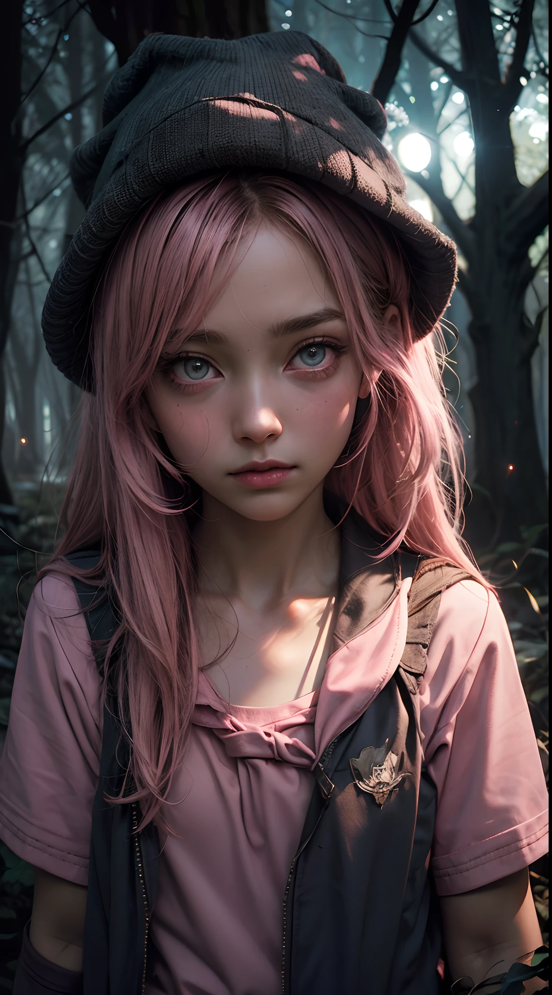 Chica espeluznante, (uniforme escolar rosa:1.4), bosques espeluznantes, perdido en madera oscura, (por la noche:1.2), monstruos, ojos brillantes, (piel perfecta:1.2), Estilo DarkWoods