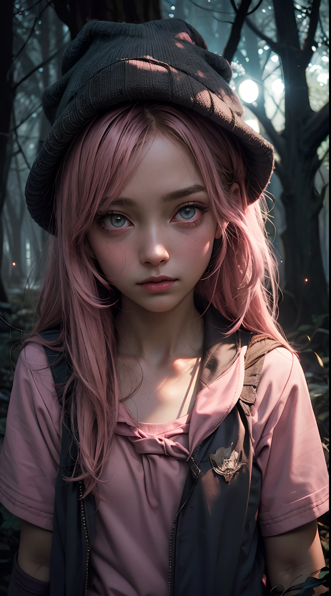 fille effrayante, (uniforme scolaire rose:1.4), Bois effrayants, perdu dans le bois sombre, (la nuit:1.2), Monstres, yeux brillants, (une peau impeccable:1.2), Style DarkWoods