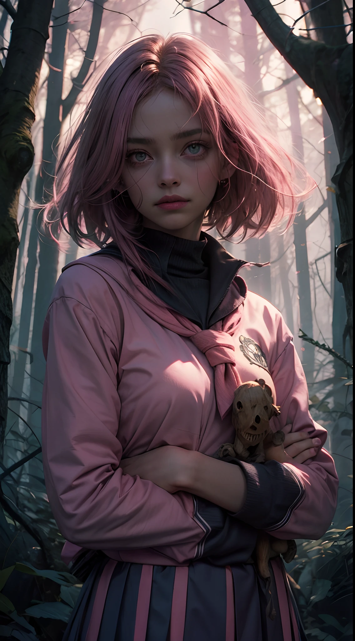 creepy girl, (pink school uniform:1.4), spooky woods, lost in dark wood, (at night:1.2), monsters, glowing eyes, (flawless skin:1.2), DarkWoodsStyle