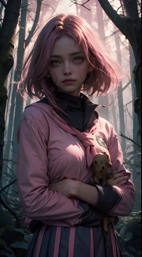 creepy girl, (pink school uniform:1.4), spooky woods, lost in dark wood, (at night:1.2), monsters, glowing eyes, (flawless skin:...