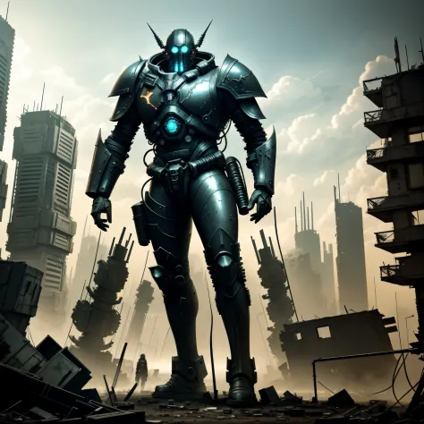 postapocalypse, Full-length close-up, is looking at the camera,The Giant Man, Biopunk style, In a black Warhammer suit, Against the backdrop of an abandoned city, graphically, Built-in post-apocalypse-style atmosphere
