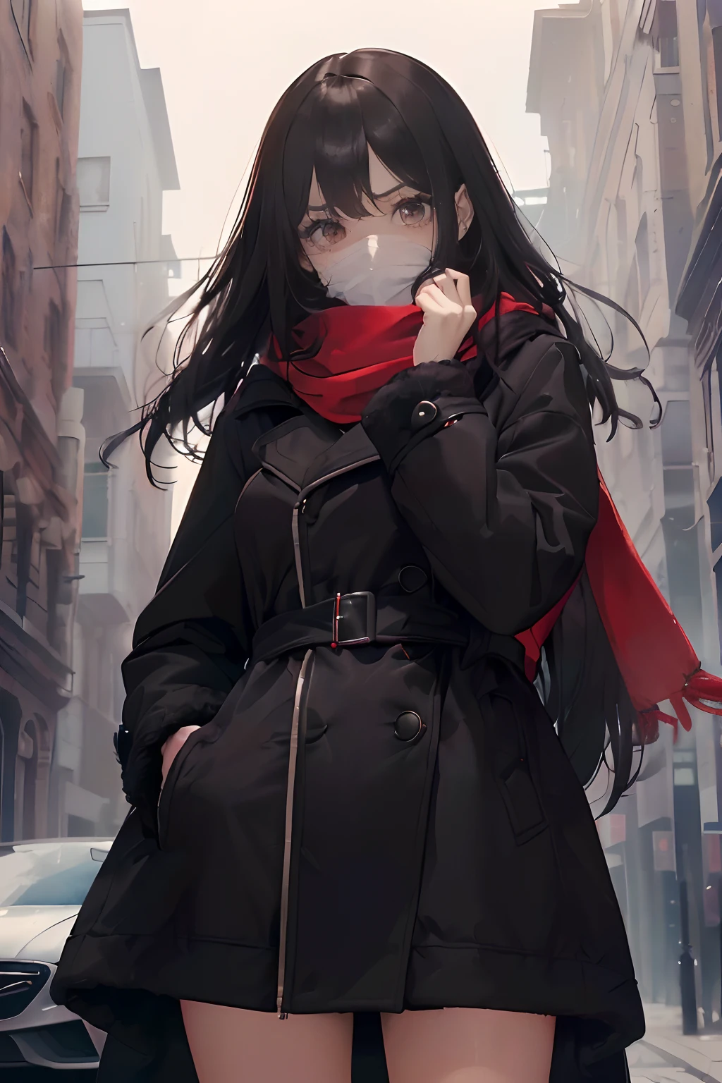(((A very worried looking woman is standing while looking down at viewer covering her mouth, quivering. She is wearing a black puff coat with a red scarf and has long black hair and brilliant brown eyes.))) ((hips to top of head in view)), (((detailed eyes)))