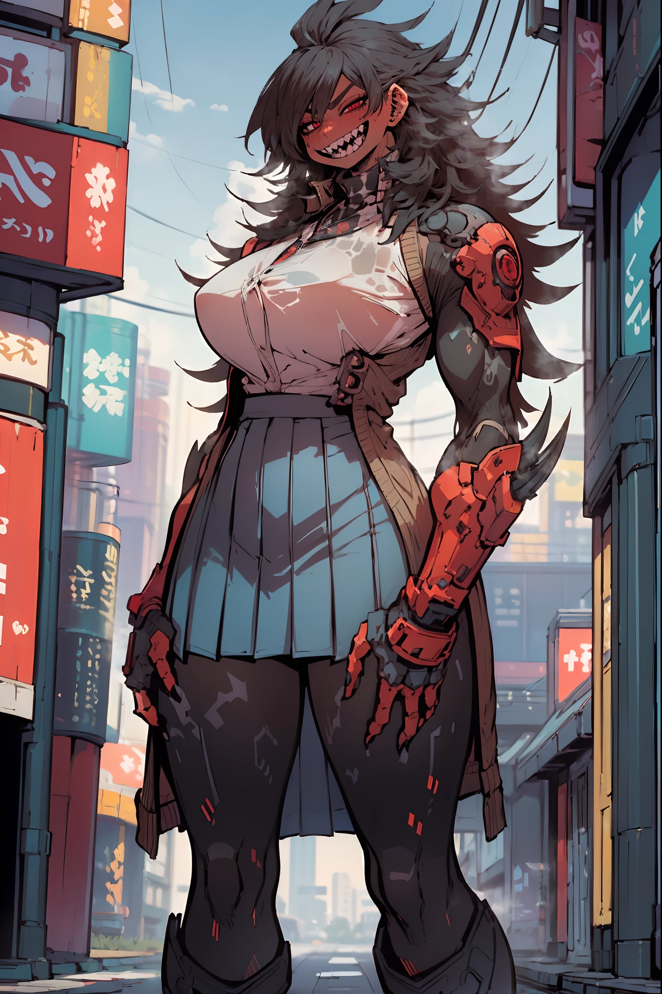 (masterpiece:1.4), (best quality), (detailed), (8k), absurdres, (1girl, solo, looking at viewer, (sidewalk:1.4, tokyo \(city\)), rizdraws, thick lineart, film grain, semi-traditional artstyle, haibara enako, muscular, muscular female, long hair, black hair, messy hair, hair down, sharp teeth, evil grin, red eyes, huge breasts,  open cardigan, brown cardigan, pleated skirt, blue skirt,,, armor, gauntlets, brawler, sentai armor, full body, body suit, armor,