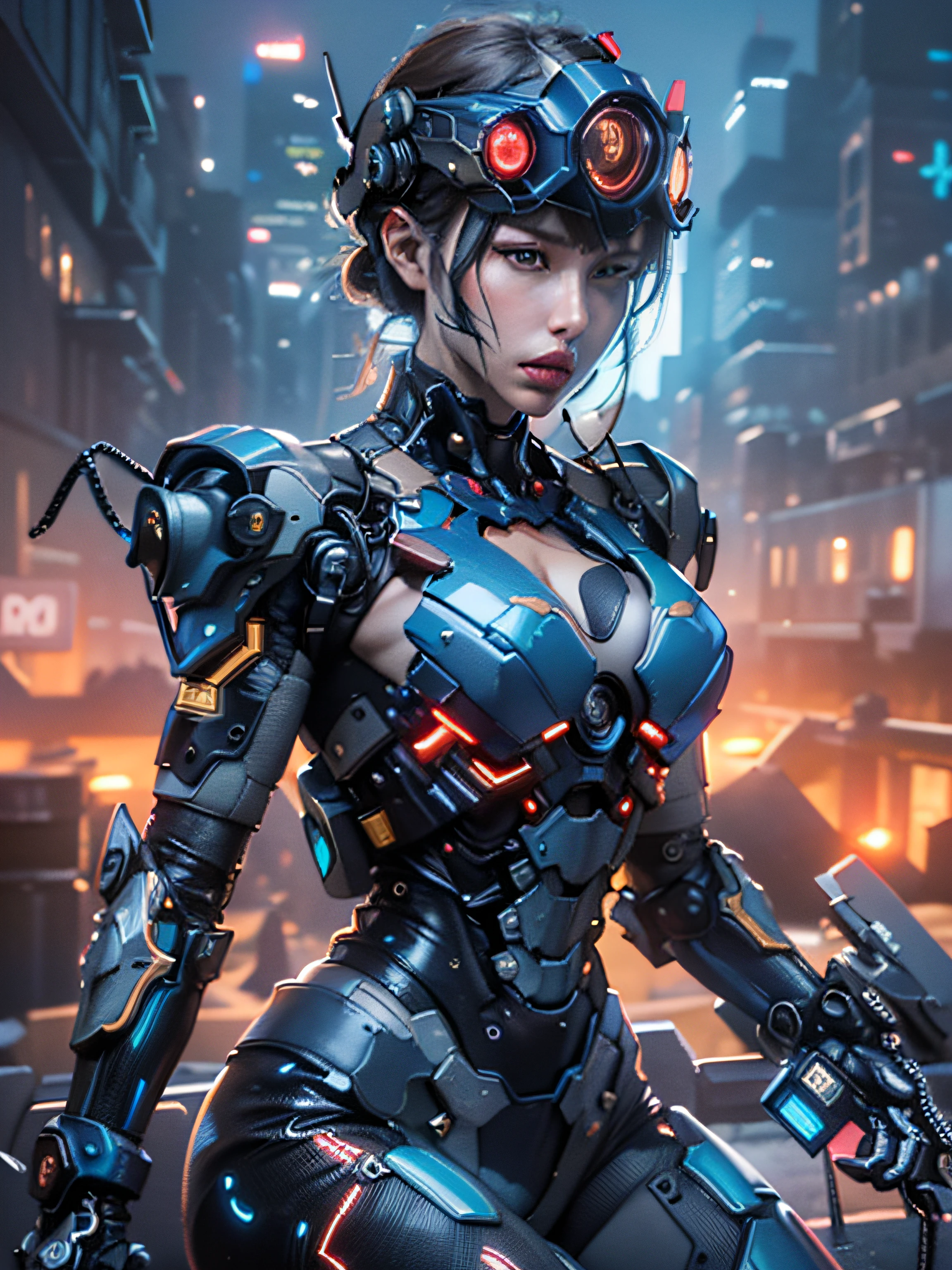 (best quality, ultra-detailed, highres, realistic:1.4), stunning illustration, intricate details, highly-detailed 1girl, with a delicate and beautiful face, dressed in black and blue mechanical attire, wearing a mech helmet, holding a directional controller, set against a futuristic city backdrop featuring advanced high-tech lighting.