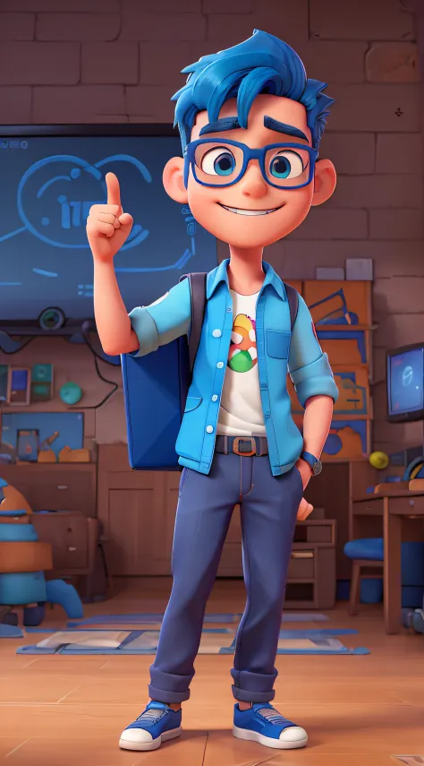 A young man coder geek with glasses, with arm in the air pointing finger up with blue hair and blue glasses, holding a laptop, digital painting, 3D character design by Mark Clairen and Pixar and Hayao Miyazaki and Akira Toriyama, 4K HD illustration, highly...