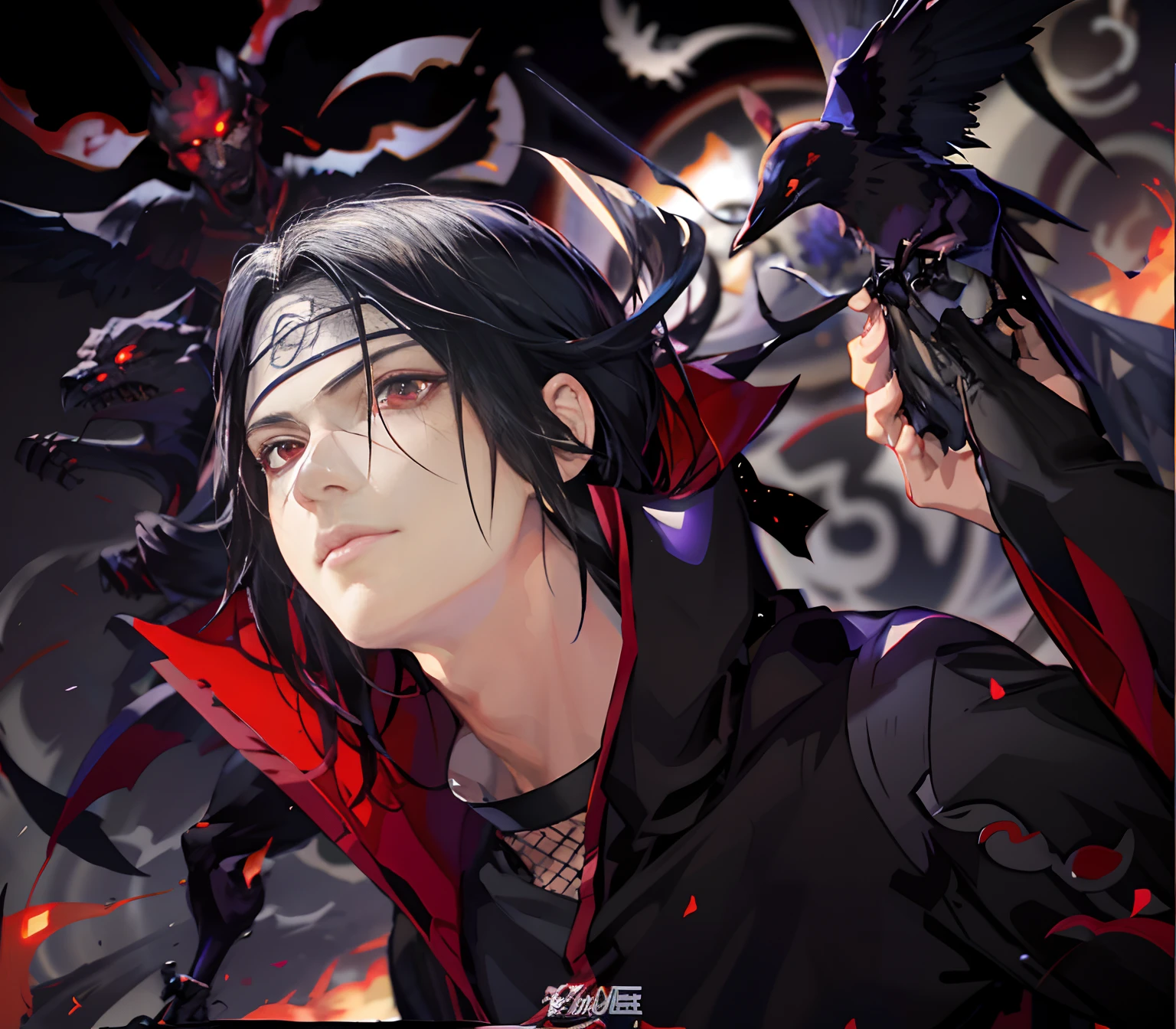 anime character with black hair and red eyes holding a crow, itachi uchiha, Itachi, sasuke uchiha, itatchi uchiha, 由杨J, masayoshi suto and artgerm, ryuu, 极其详细的Artgerm, Directed by: Liang Kai, akatsuki akira, by Shitao, trending on artstation pixiv, anime styling