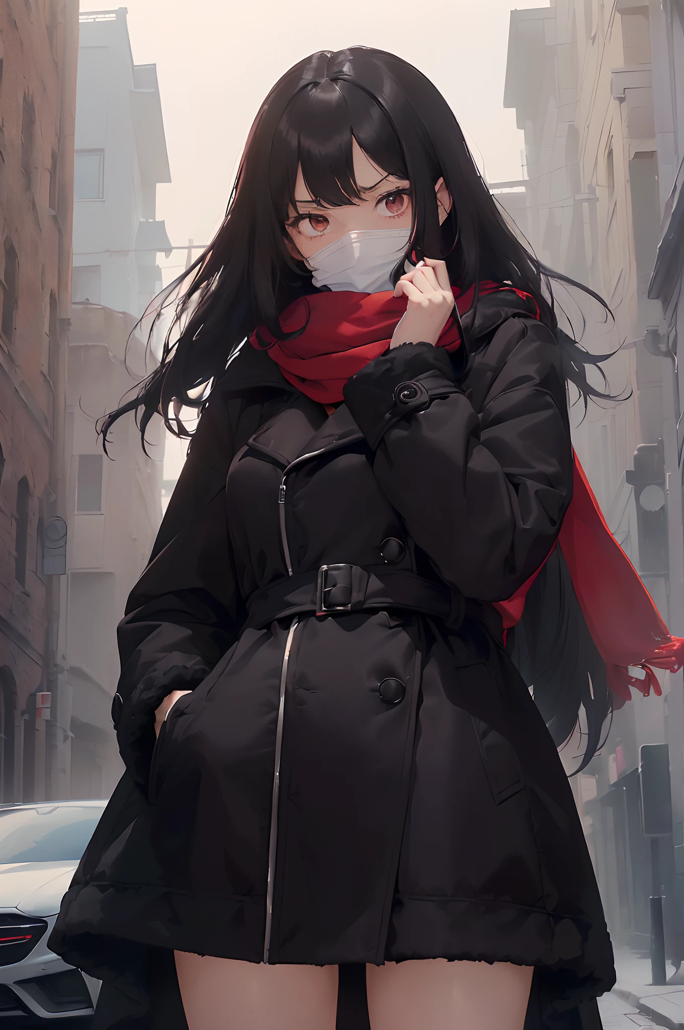 (((A very worried looking woman is standing while looking down at viewer covering her mouth, quivering. She is wearing a black puff coat with a red scarf and has long black hair and brilliant brown eyes.))) ((hips to top of head in view)), (((detailed eyes)))