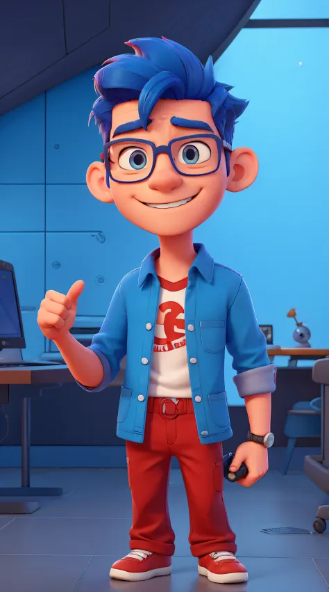 A young man coder geek with glasses, with a red pant and with arm in the air pointing finger up with blue hair and blue glasses, holding a laptop, digital painting, 3D character design by Mark Clairen and Pixar and Hayao Miyazaki and Akira Toriyama, 4K HD ...