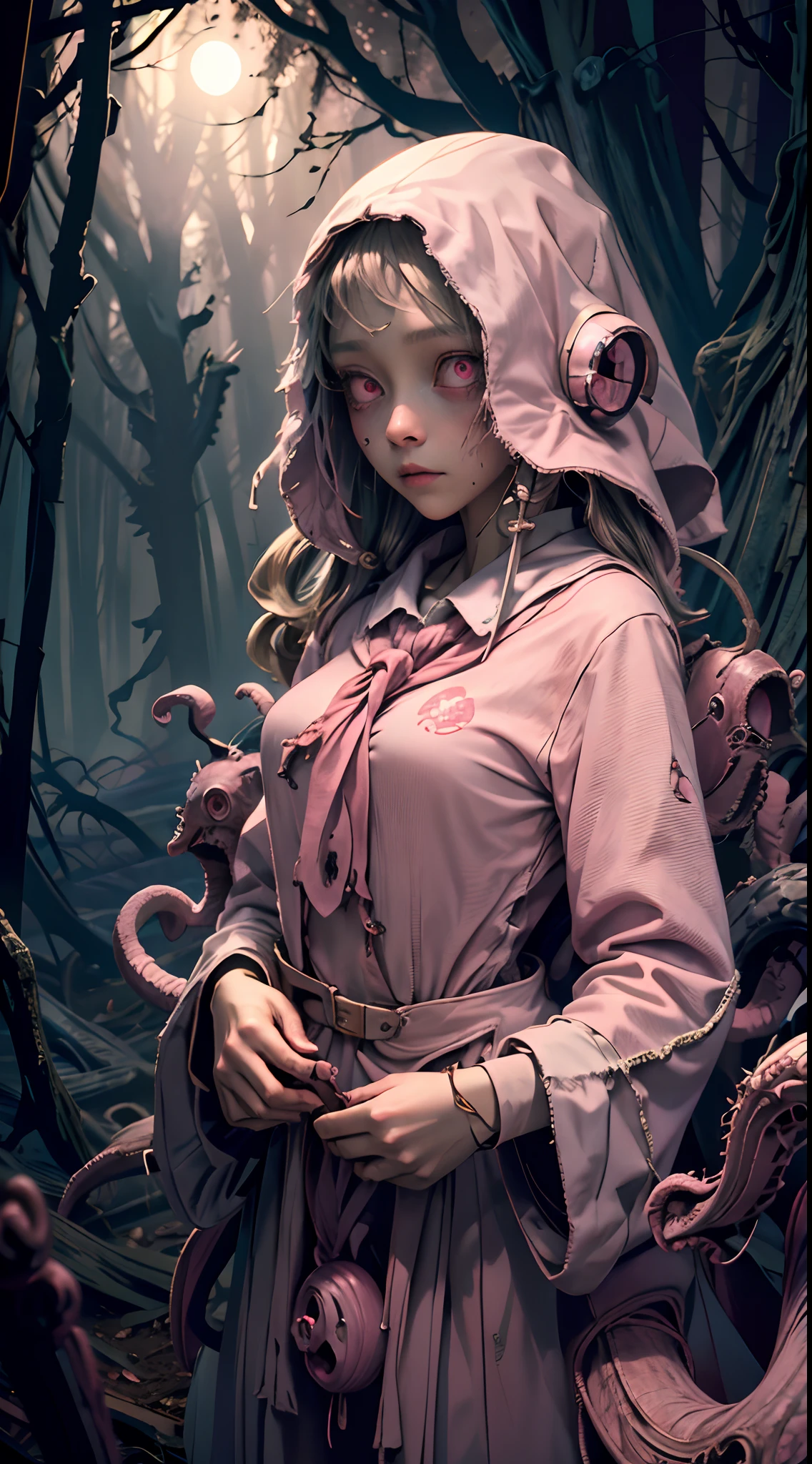 menina assustadora, (uniforme escolar rosa:1.4), floresta assustadora, perdido na madeira escura, (à noite:1.2), monstros, olhos brilhantes, (pele perfeita:1.2), DarkWoodsStyle, kikimora