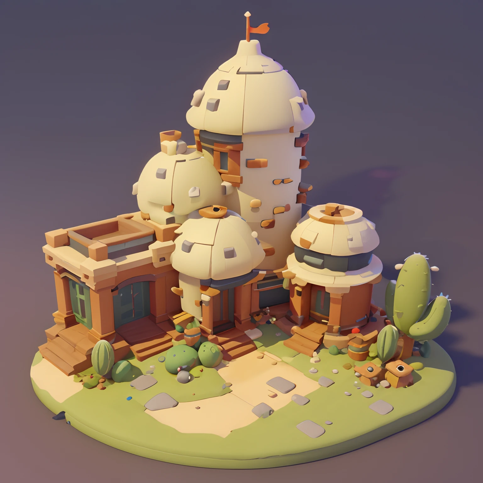 Conception architecturale du jeu, dessin animé,Maison des cactus，Le cactus correspond à l&#39;architecture，style de jeu décontracté, Architecture de cactus,C4D，gros plan décolleté，chef-d&#39;œuvre，super détails，meilleure qualité