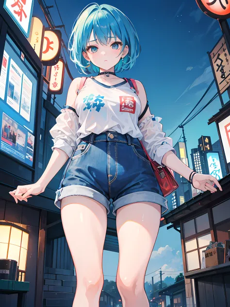 A girl with short cyan hair and brown eyes, wear blue jeans shorts, the view is from below, behind her there is tokyo and it's night with alot of display and led