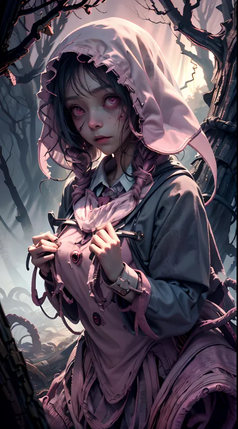 creepy girl, (pink school uniform:1.4), spooky woods, lost in dark wood, (at night:1.2), monsters, glowing eyes, (flawless skin:...