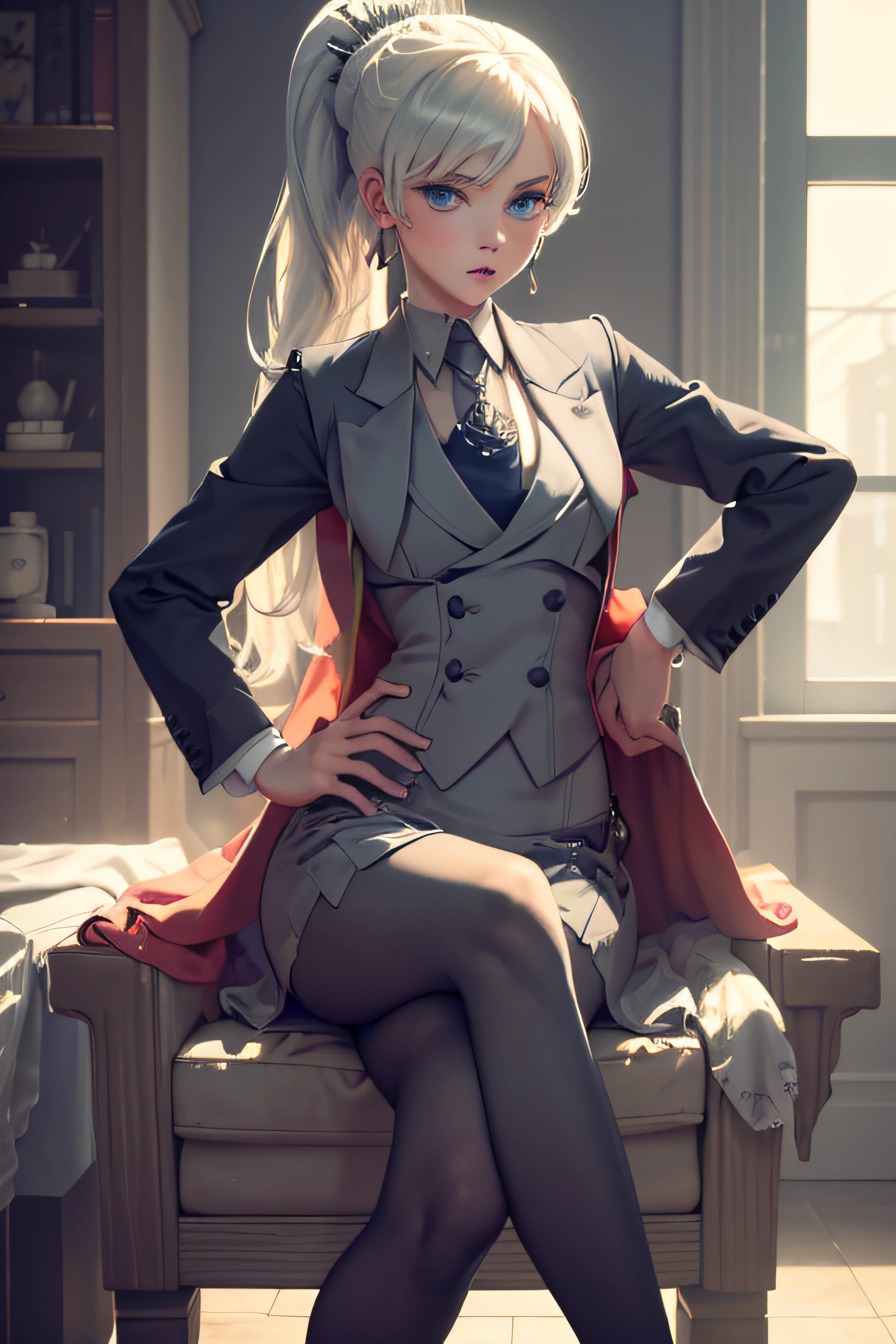 (masterpiece, best quality:1.2), cowboy shot, solo, 1girl, weissvale, looking at viewer, hand on hip, ponytail, scar on eye, sitting on throne, crossed legs,  skirt suit, (((three-piece suit))), necktie, blazer, (((suit jacket))), (((waistcoat))), double-breasted waistcoat, bodycon miniskirt, pencil skirt, tie clip, pocket square, pocket watch, pantyhose, high heels, earrings