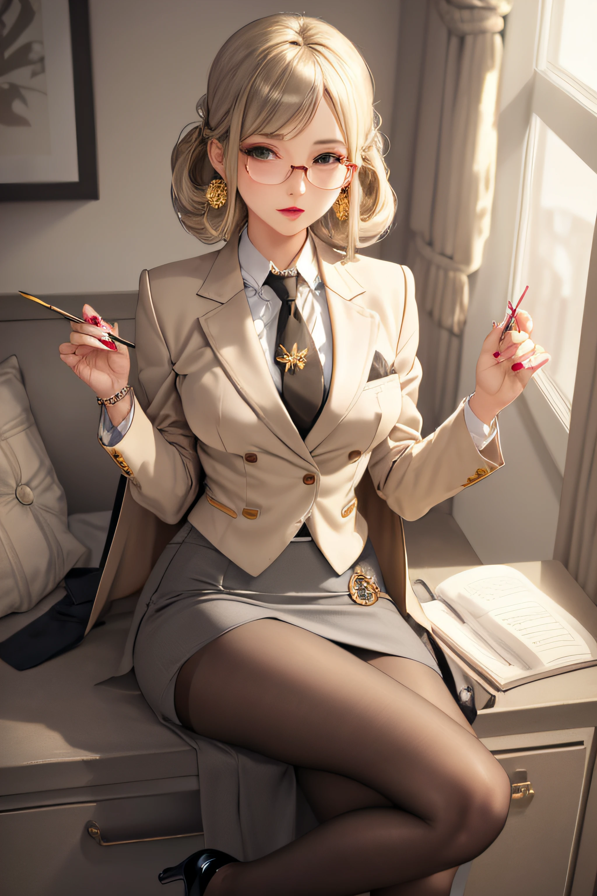 (masterpiece, best quality:1.2), cowboy shot, solo, 1girl, katori, makeup, lipstick, looking at viewer, grey skirt suit, (((three-piece suit))), ((dress shirt with white collar)), contrast collar, gold floral necktie, blazer, (((suit jacket))), (((waistcoat))), double-breasted waistcoat, bodycon skirt, pencil skirt, tie clip, pocket square, pocket watch, pantyhose, high heels, earrings, painted nails, glasses