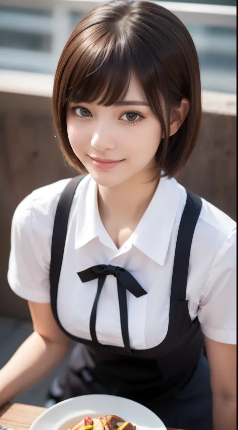 ((Natural Light, Top Quality, 8k, Masterpiece: 1.3)), Sharp Focus, 1 Girl, Slim Beauty: 1.2, Brown Hair, With Bangs, (Short Hair with Layer Cut), (Big: 1.5), Detailed Eyes, Beautiful Eyes with Slit Length, Double Eyelids, (Cat Face), (Cute Face), Cute Smil...