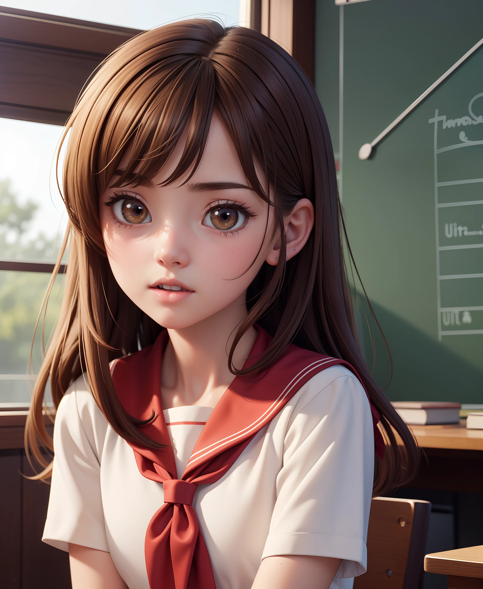 chii, 1girl, solo, brown hair, parted bangs, forehead, brown eyes, blush, serafuku, sailor collar, red neckerchief, upper body, looking at viewer, short sleeves, sunlight, indoors, classroom,, (masterpiece:1.2), best quality, high resolution, unity 8k wallpaper, (illustration:0.8), extremely detailed face, perfect lighting, extremely detailed CG, (perfect hands, perfect anatomy), (masterpiece, best_quality, ultra-detailed, immaculate:1.3), epic, illustration, render,