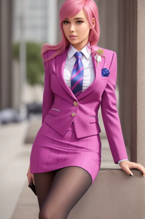 solo, very detailed, detailed face, pokidiffusion, picture of a beautiful girl with pink hair, skirt suit, (((three-piece suit))...